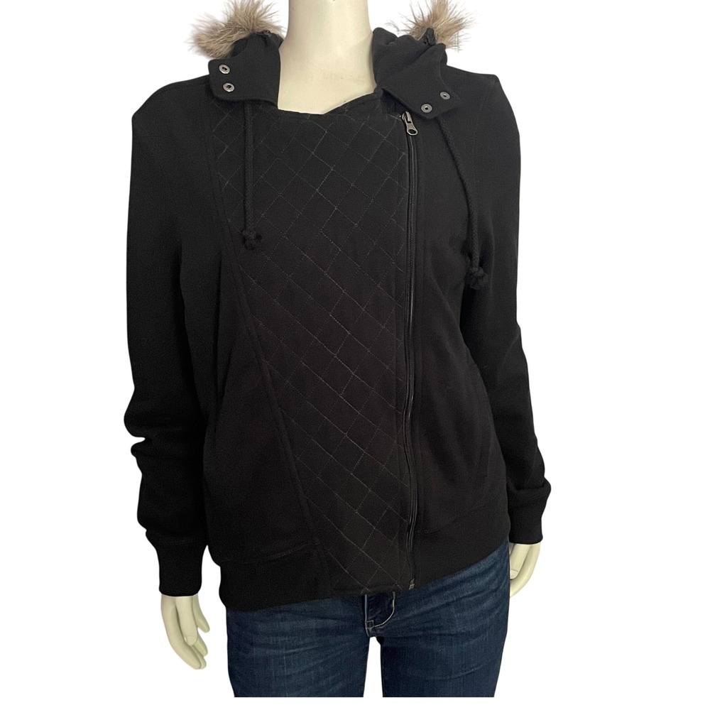So Black Quilted Bomber Jacket Faux Fur Trim  Zip Up Womens Large
